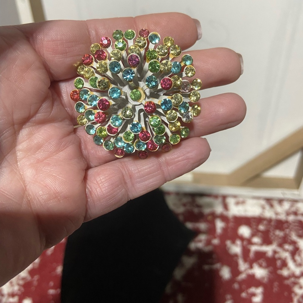 Vintage Starburst, Firework Brooch. White With Multicolor Rhinestones